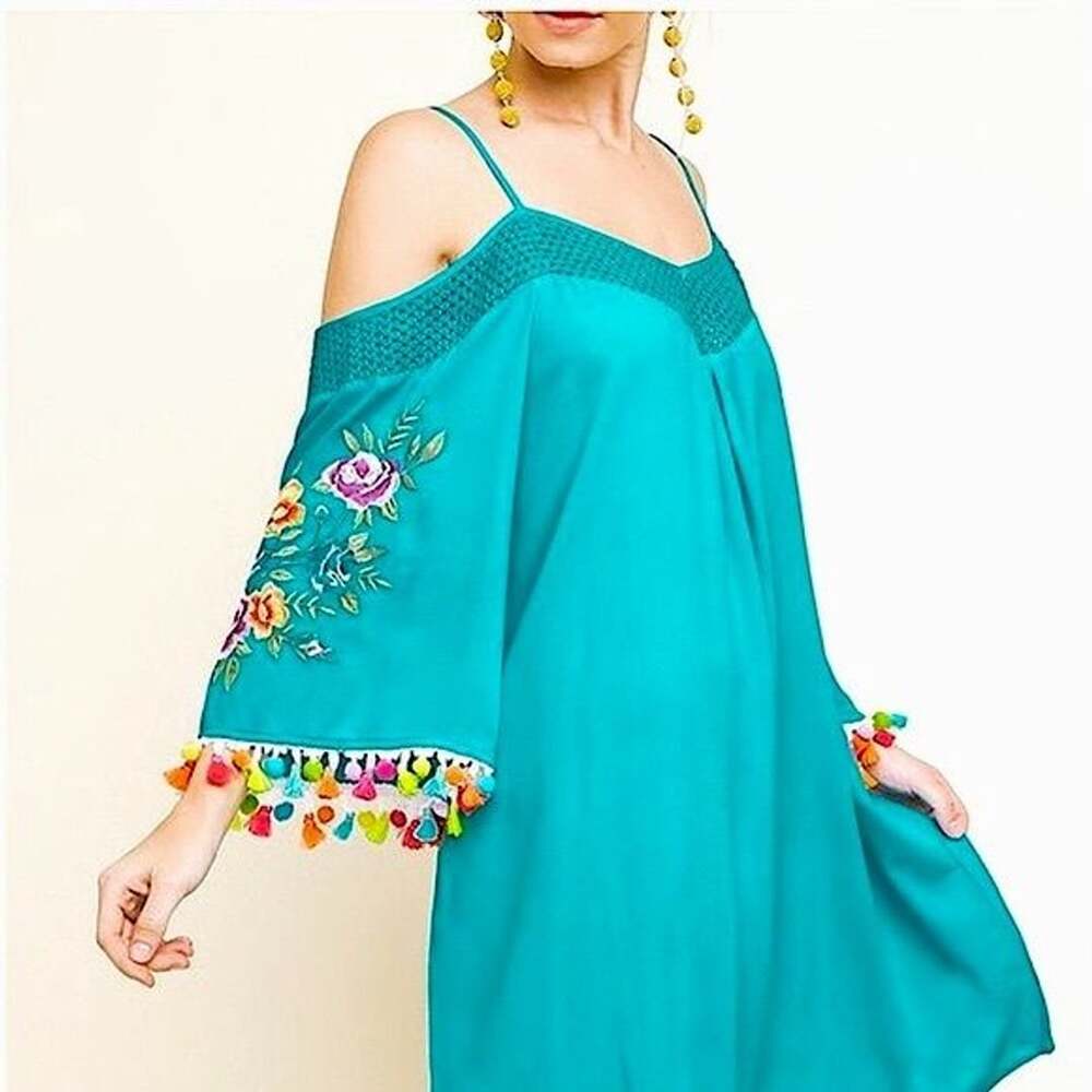 Umgee Teal Boho Cold Shoulder Tunic with Floral Embroidery and Tassel Sleeve
